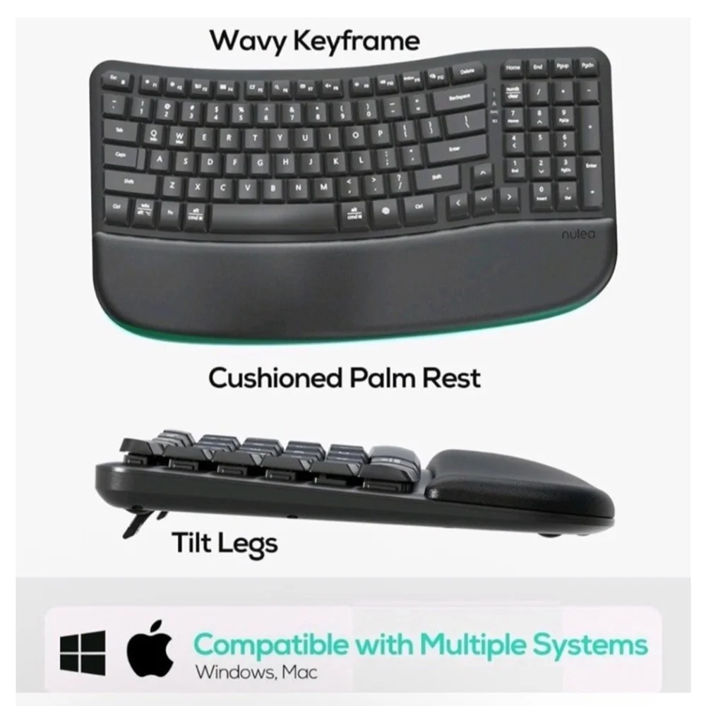 Nulea RT08 Wave Keys Wireless Ergonomic Keyboard with Cushioned Palm Rest NEW